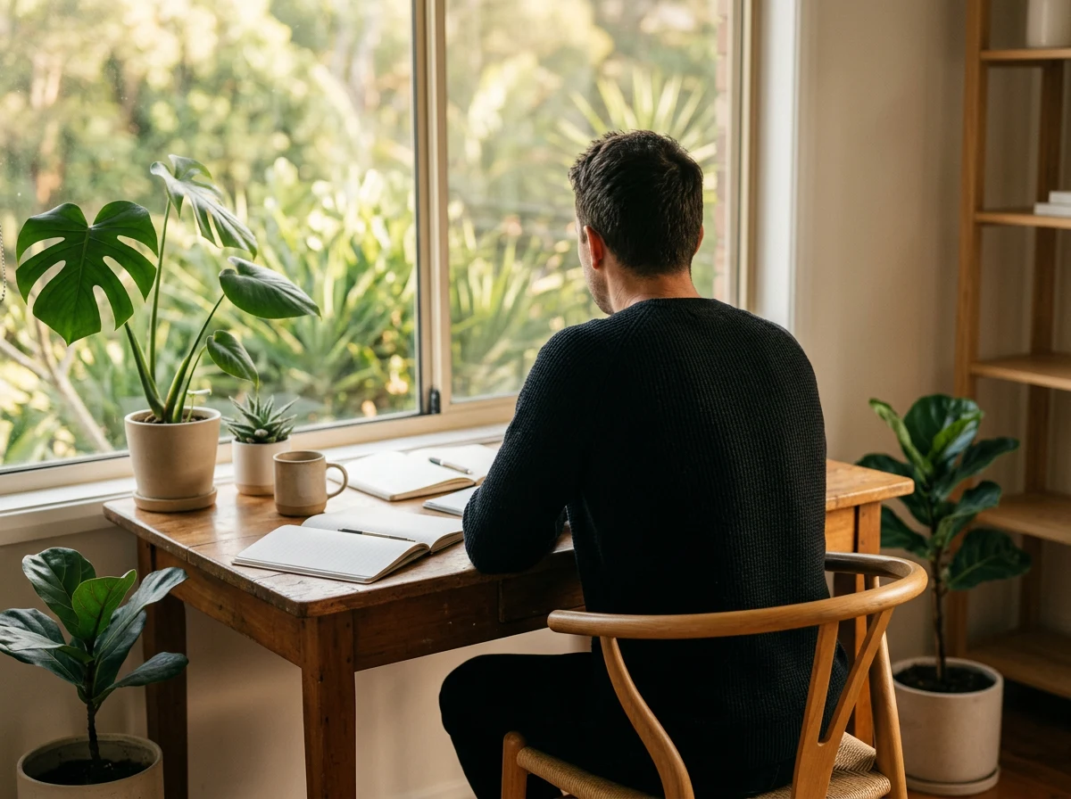 Wellness editorial writer at work, viewed from behind